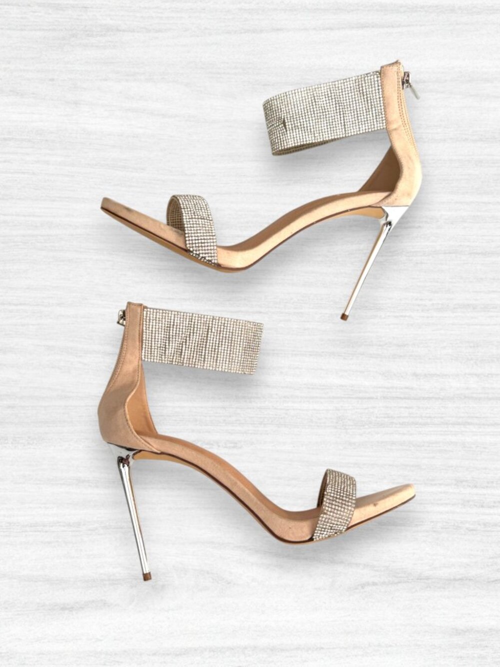 Vigo Fiore Nude Rhinestone Open Toe Ankle Strap Metallic Stiletto Heels Size 10